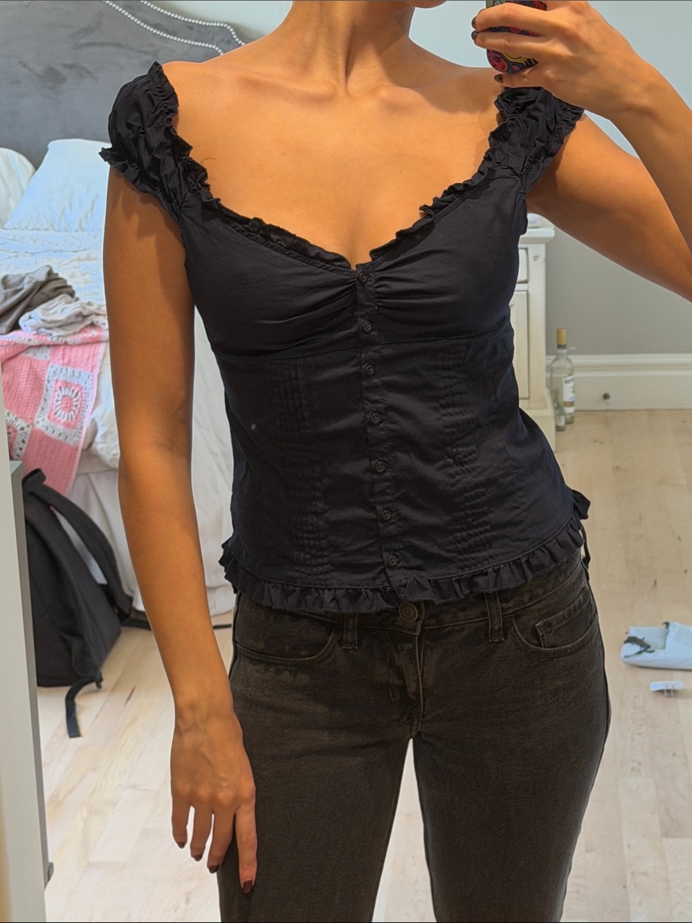 Brandy Melville Navy Ruffled Button-Front Blouse